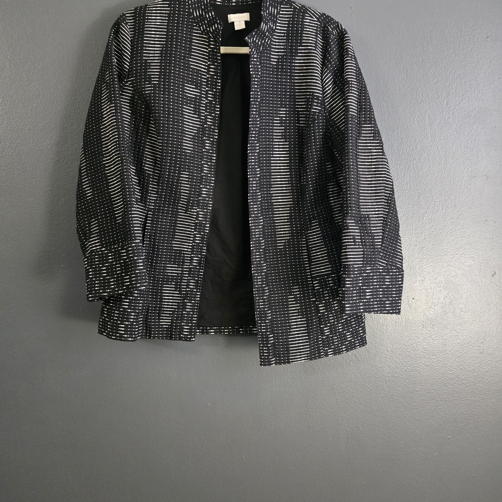 Chico's 1 Black And White Textured Open Front Women's Medium Blazer Jacket